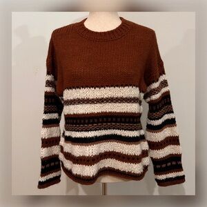 ELSAMANDA by ANTHROPOLOGIE Cozy Striped Sweater in Rust Brown and Off White